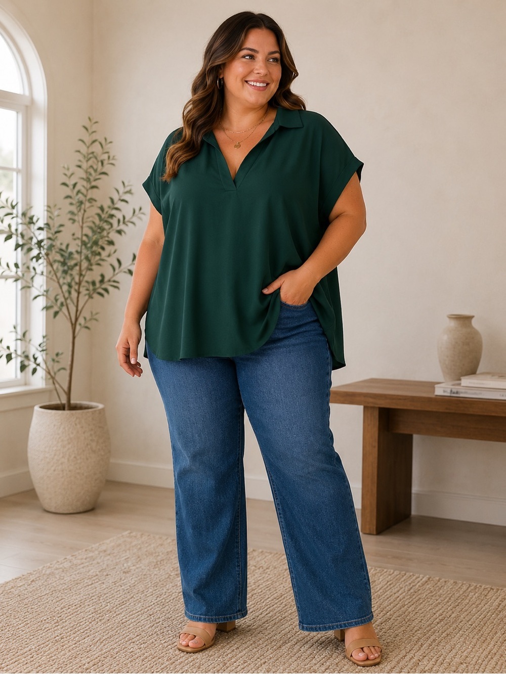 Nordstrom • NWT Plus Size Forest Green V-Neck Dolman Top PTP 29”